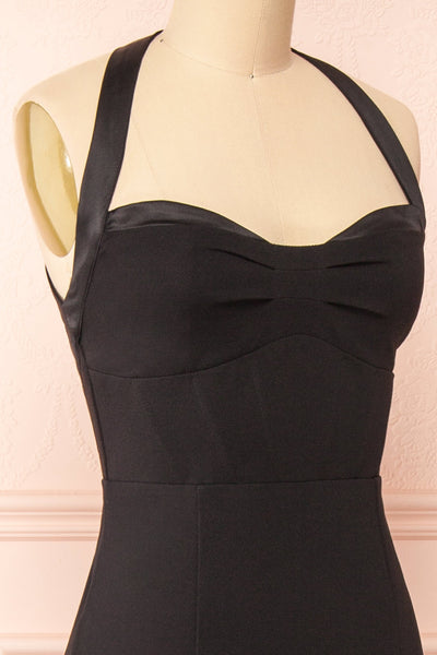 Sandra Black Halter Mermaid Maxi Dress w/ Open Back | Boutique 1861 side close-up