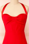 Sandra Red Halter Mermaid Maxi Dress w/ Open Back | Boutique 1861 front close-up