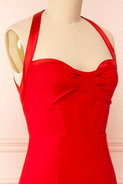 Sandra Red Halter Mermaid Maxi Dress w/ Open Back | Boutique 1861 side close-up