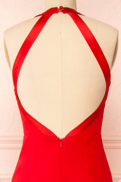 Sandra Red Halter Mermaid Maxi Dress w/ Open Back | Boutique 1861 back close-up