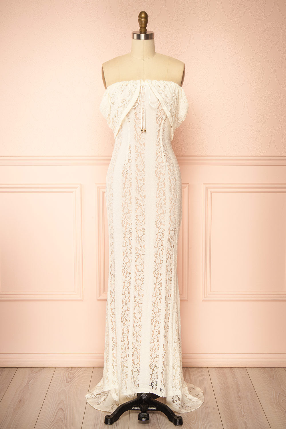 Sangaya Off-Shoulder Cream Lace Maxi Dress | Boudoir 1861 front view