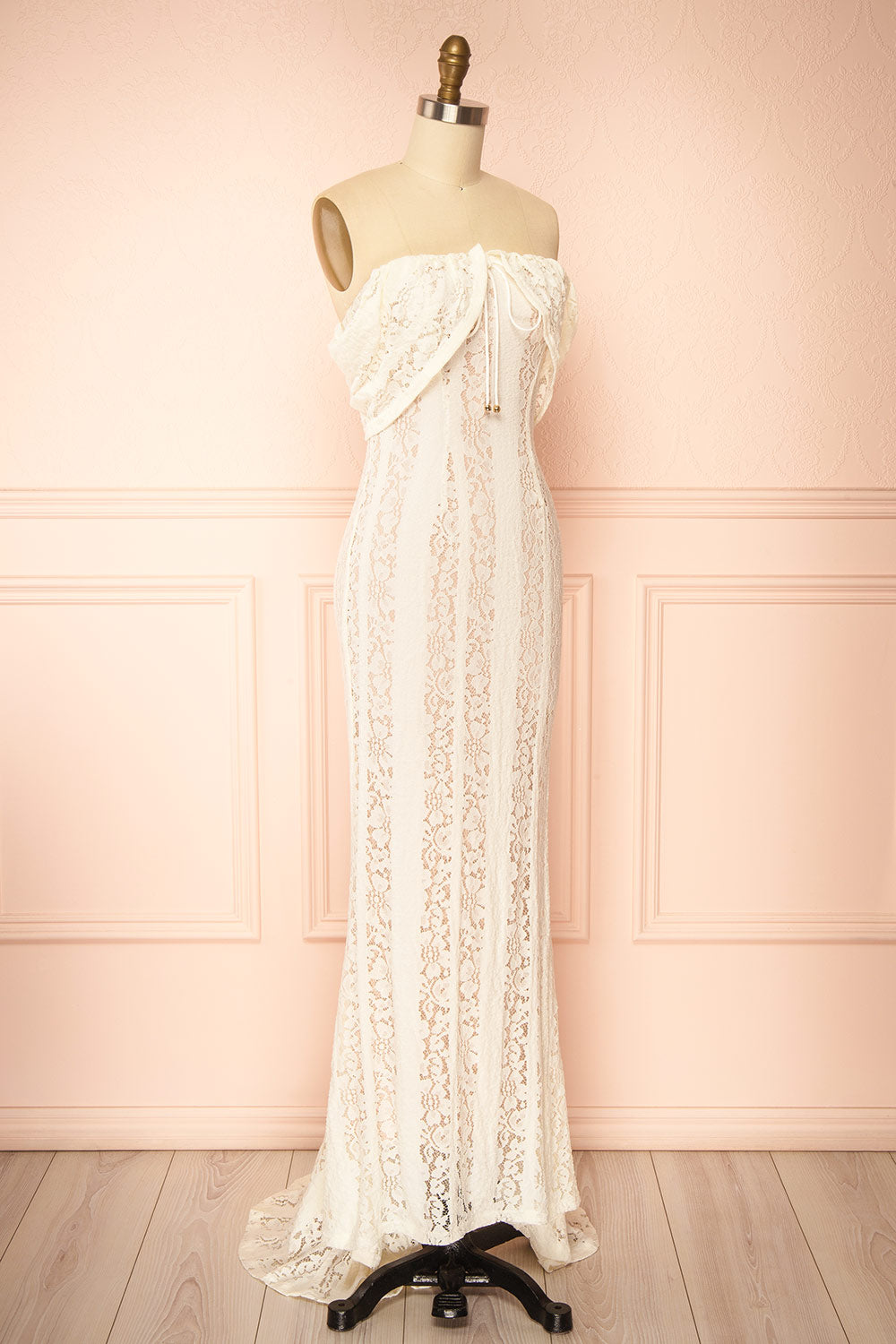 Sangaya Off-Shoulder Cream Lace Maxi Dress | Boudoir 1861 side view