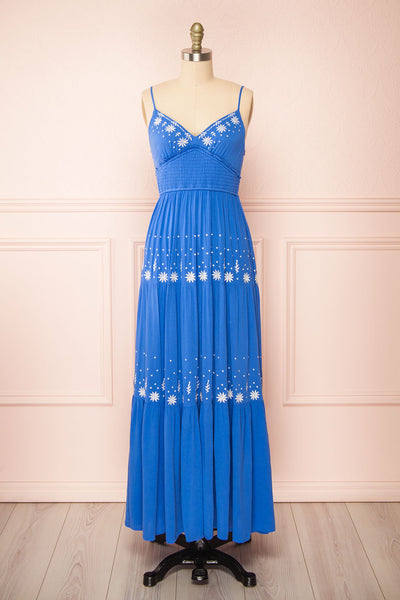 Santorine Blue Midi Dress w/ Floral Embroidery | Boutique 1861 front view