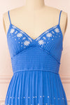 Santorine Blue Midi Dress w/ Floral Embroidery | Boutique 1861 front close-up