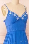 Santorine Blue Midi Dress w/ Floral Embroidery | Boutique 1861 side close-up