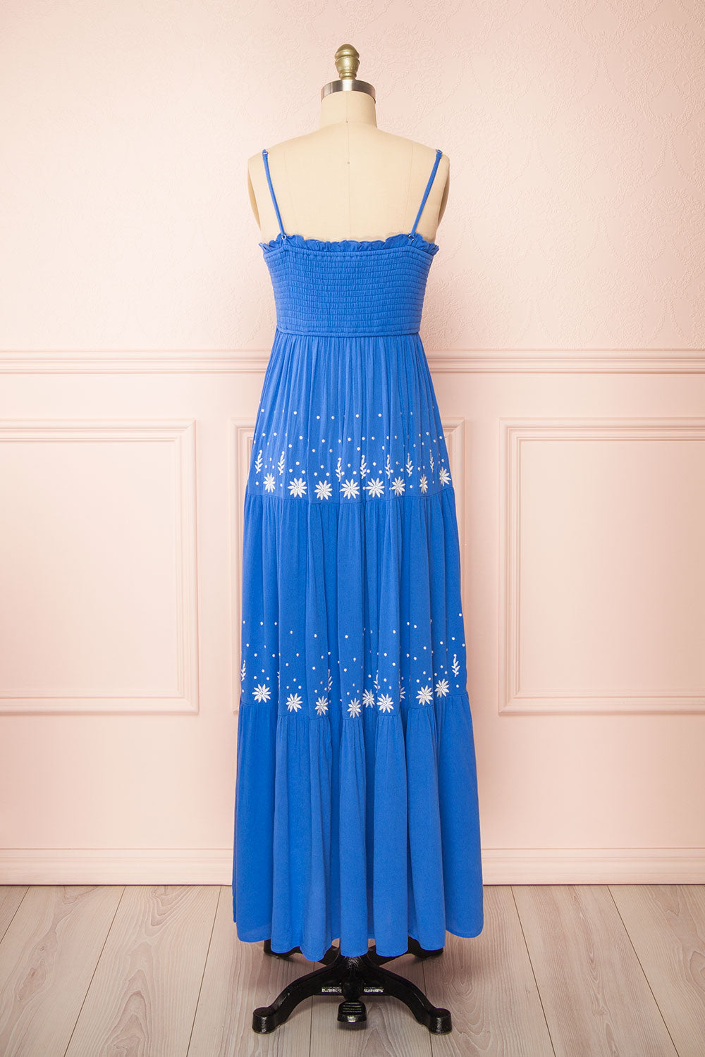 Santorine Blue Midi Dress w/ Floral Embroidery | Boutique 1861 back view