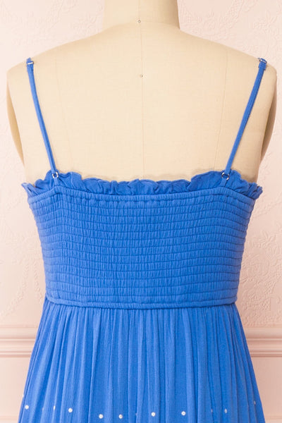 Santorine Blue Midi Dress w/ Floral Embroidery | Boutique 1861 back close-up