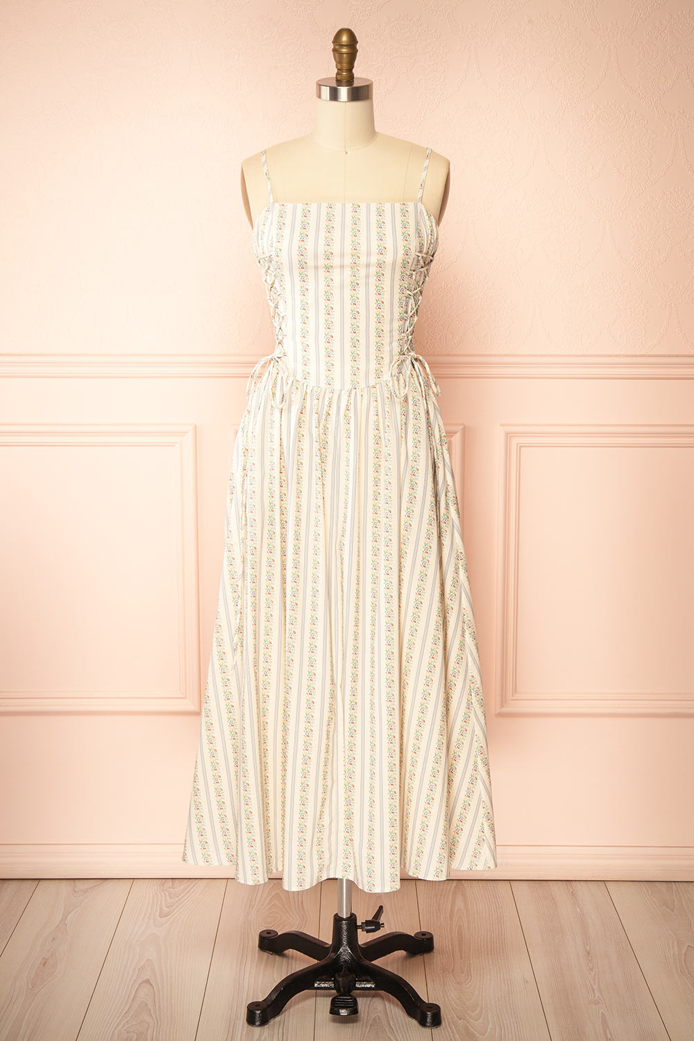 Saratou Floral Stripe Maxi Dress with Side Lace-Up Detail | Boutique 1861 front view