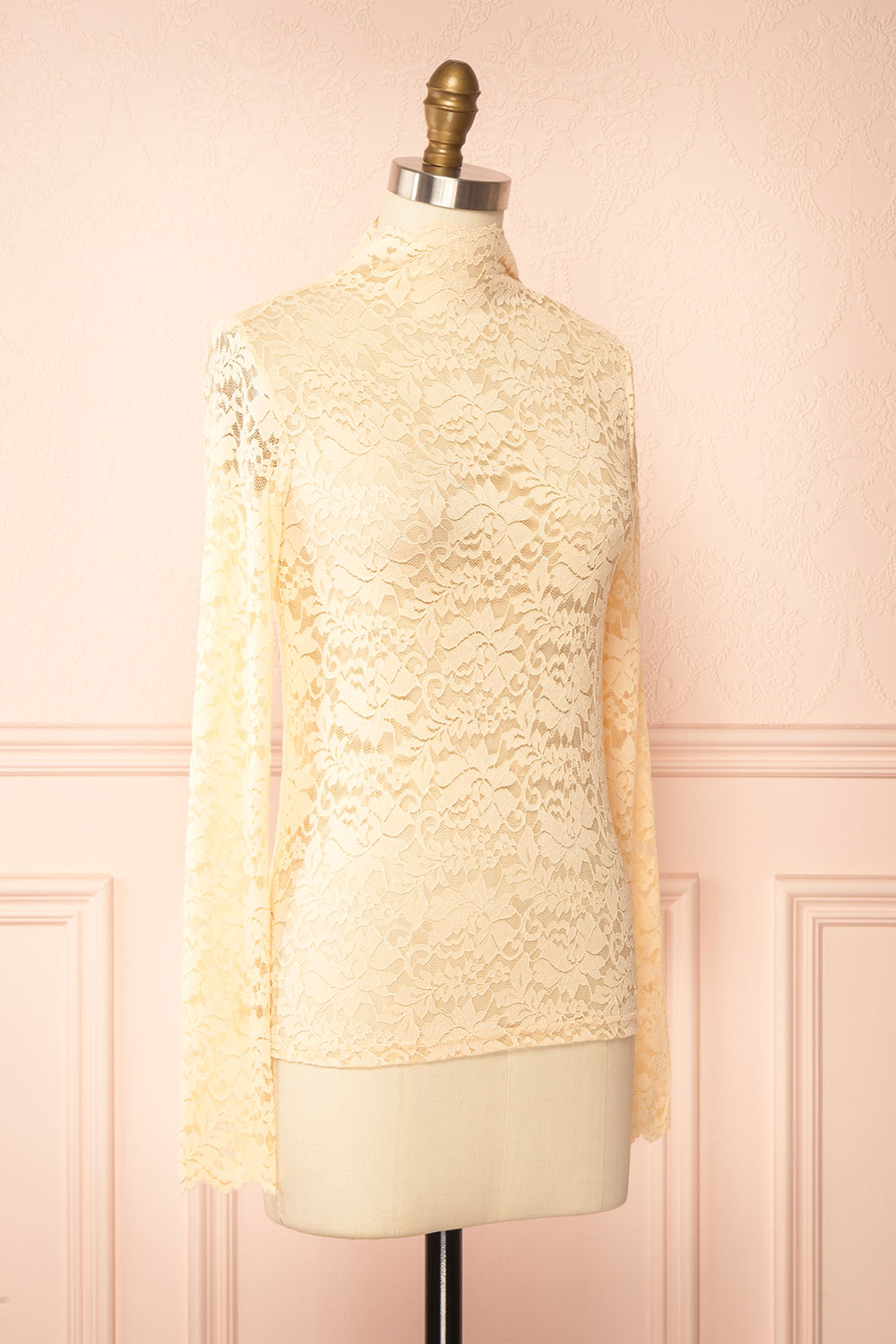 Sarida Beige Sheer Fitted Lace Top | Boutique 1861 side view