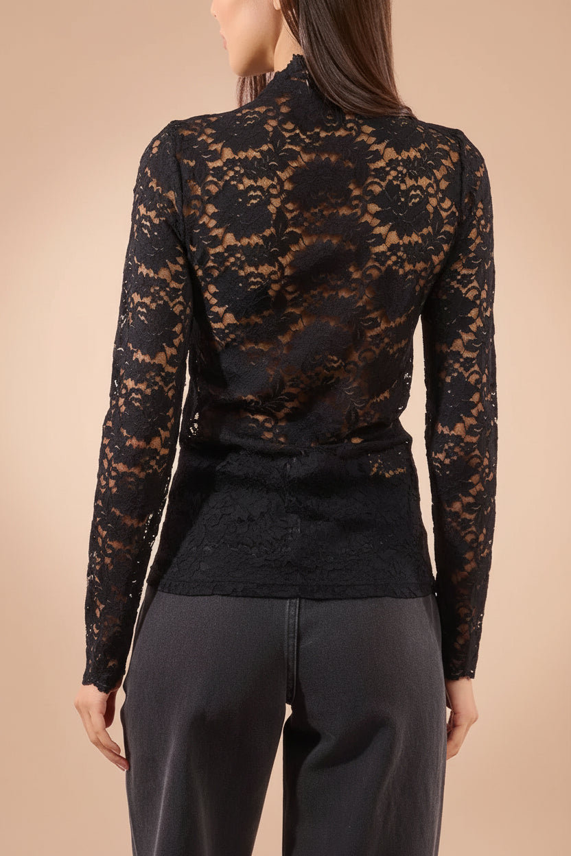 Sarida Black Sheer Fitted Lace Top | Boutique 1861 back model