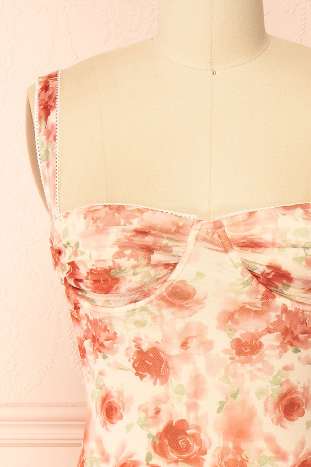 Sarina Pink Fitted Bustier Mesh Midi Dress with Floral Motif | Boutique 1861 front