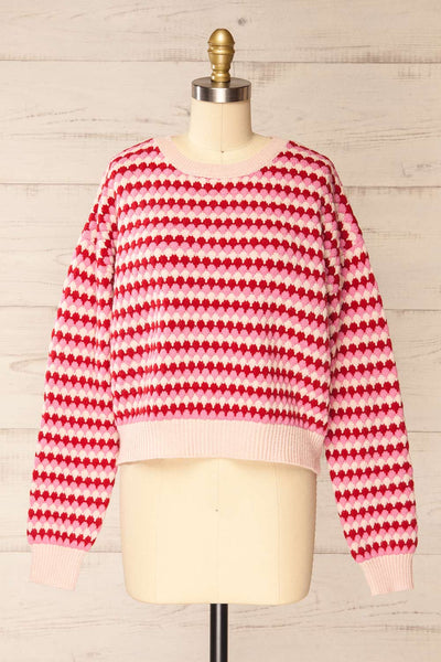 Saumur Pink & Red Patterned Knit Sweater | La petite garçonne front view