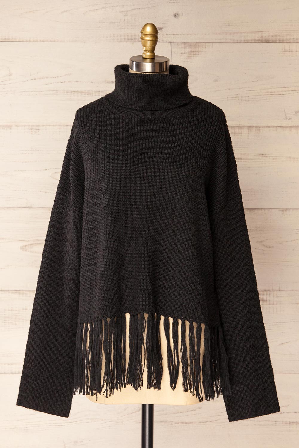 Sauzon Black Oversized Turtleneck Sweater with Fringes | La petite garçonne front view
