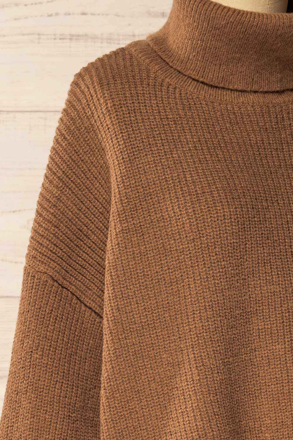 Sauzon Caramel Oversized Turtleneck Sweater with Fringes | La petite garçonne side