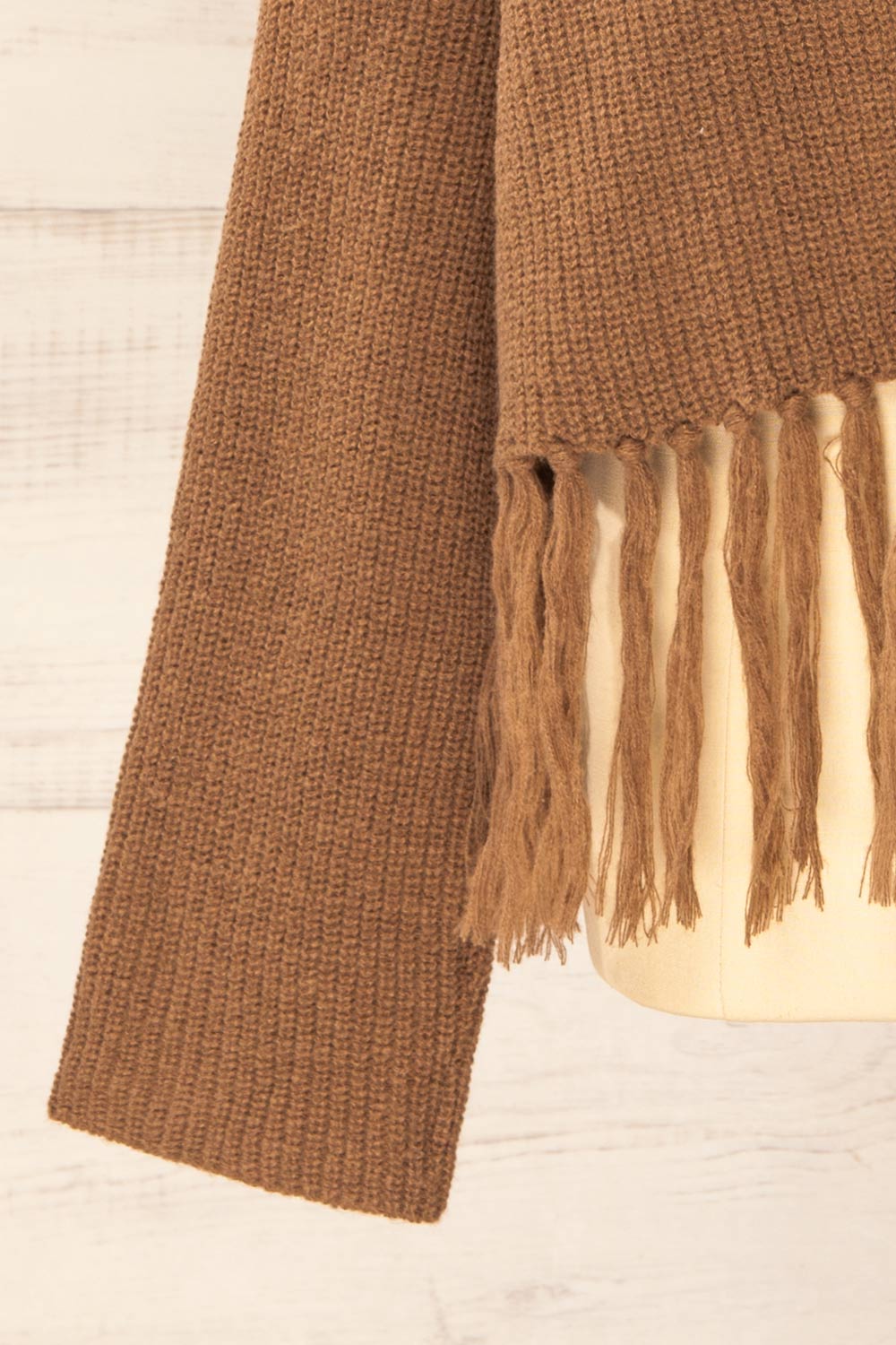 Sauzon Caramel Oversized Turtleneck Sweater with Fringes | La petite garçonne sleeve 