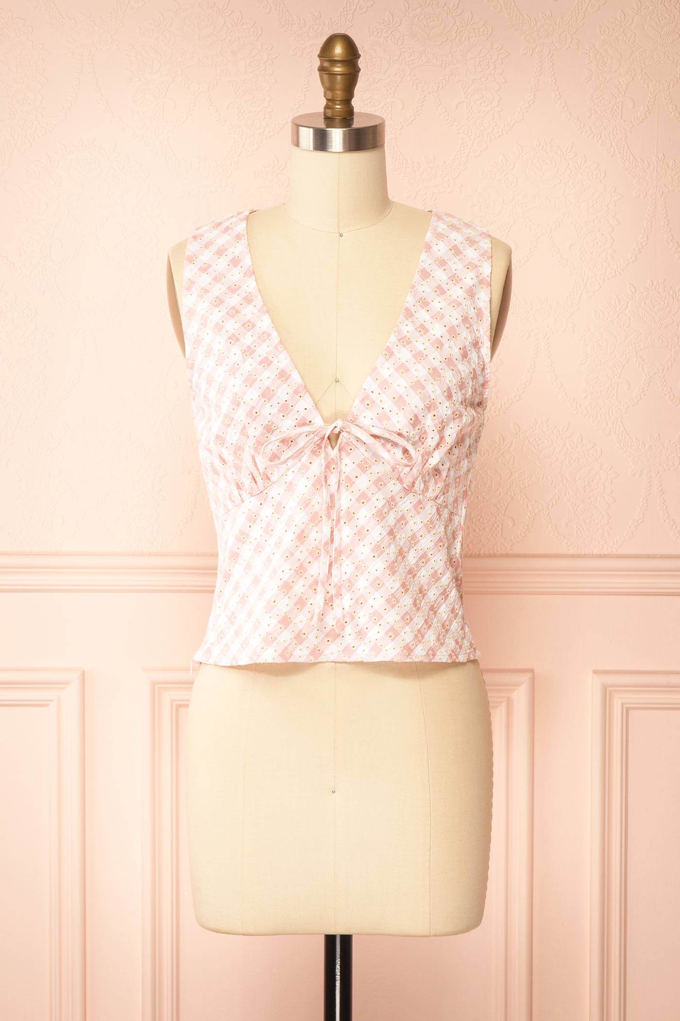 Sayama | Pink Gingham Eyelet V-Neck Top with Front Tie