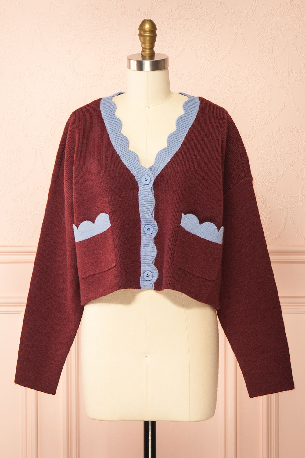 Sayda Burgundy Cropped Cardigan with Scalloped Hem | Boutique 1861 front view