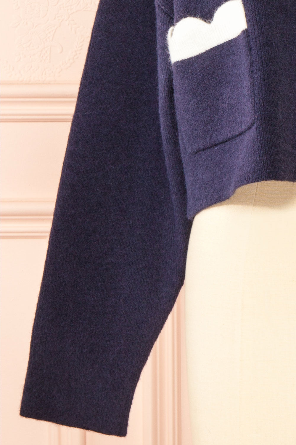 Sayda Navy Cropped Cardigan with Scalloped Hem | Boutique 1861 sleeve