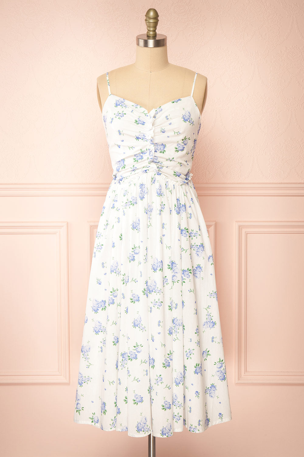 Sayonelle Short White A-line Dress w/ Blue Floral Motif | Boutique 1861 front view