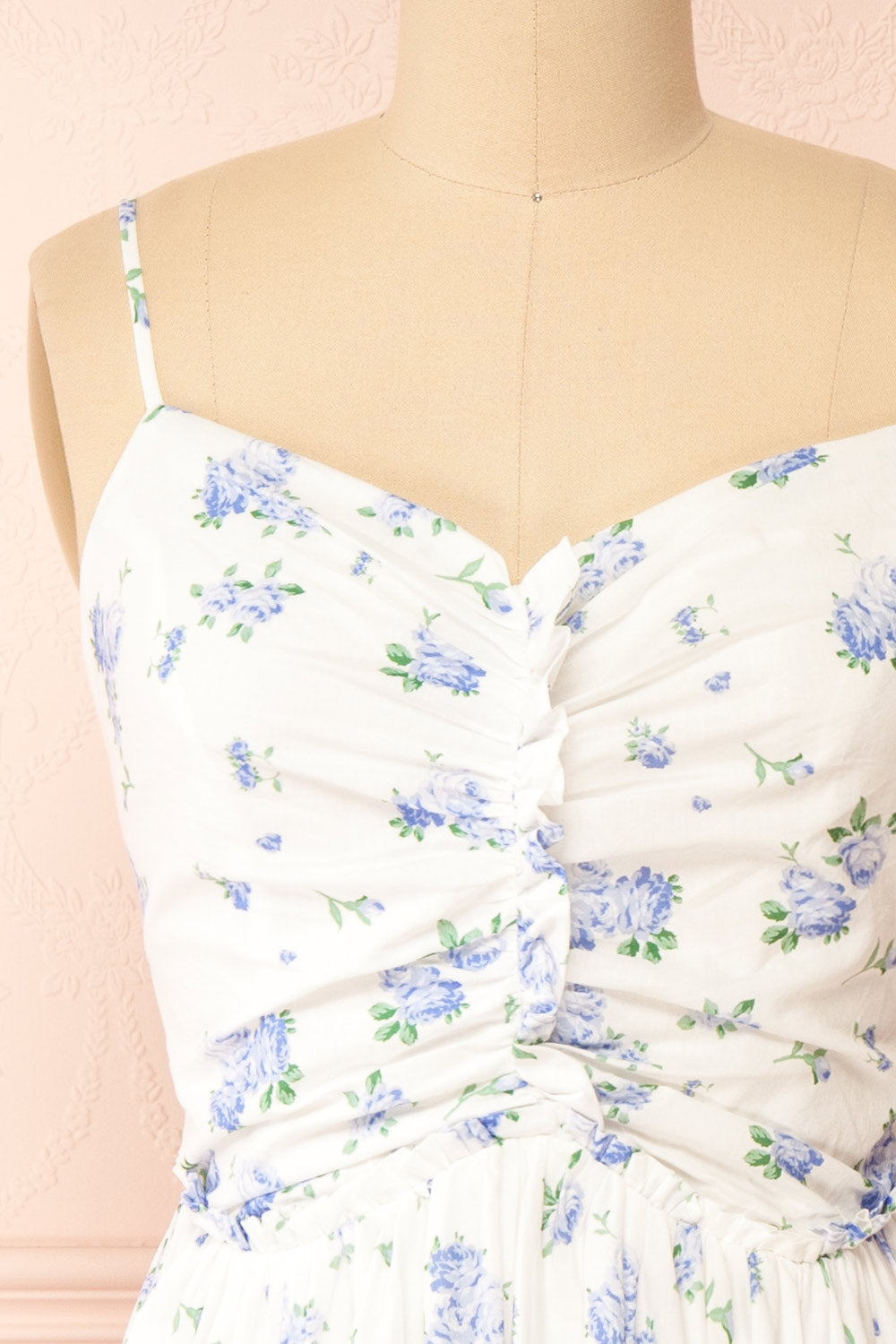 Sayonelle Short White A-line Dress w/ Blue Floral Motif | Boutique 1861  front