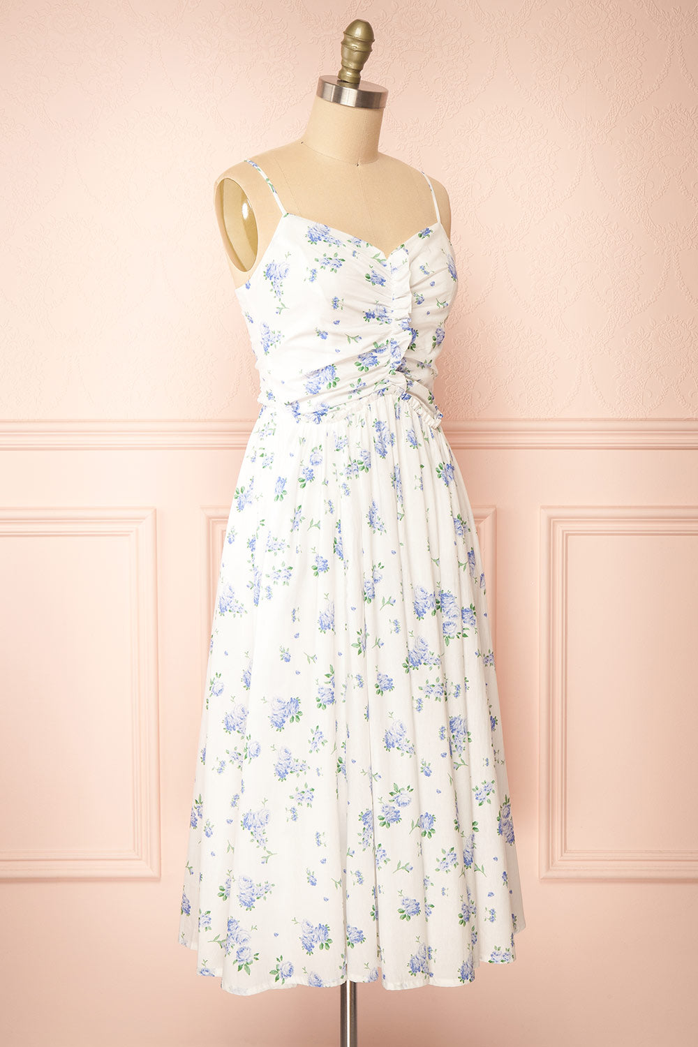 Sayonelle Short White A-line Dress w/ Blue Floral Motif | Boutique 1861  side view