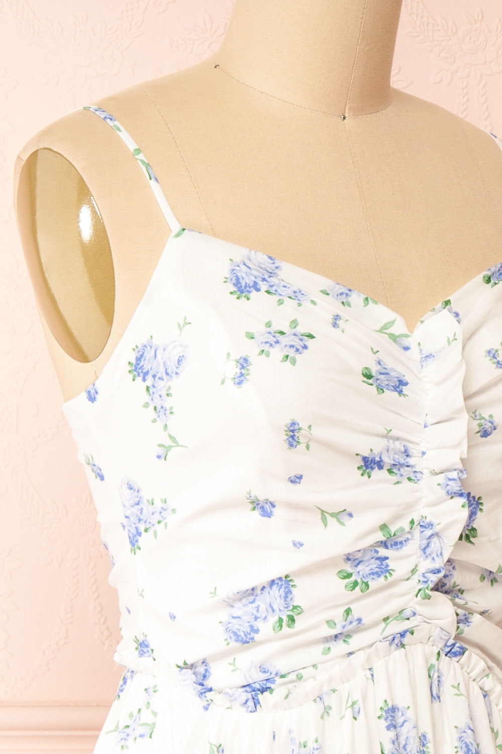 Sayonelle Short White A-line Dress w/ Blue Floral Motif | Boutique 1861  side