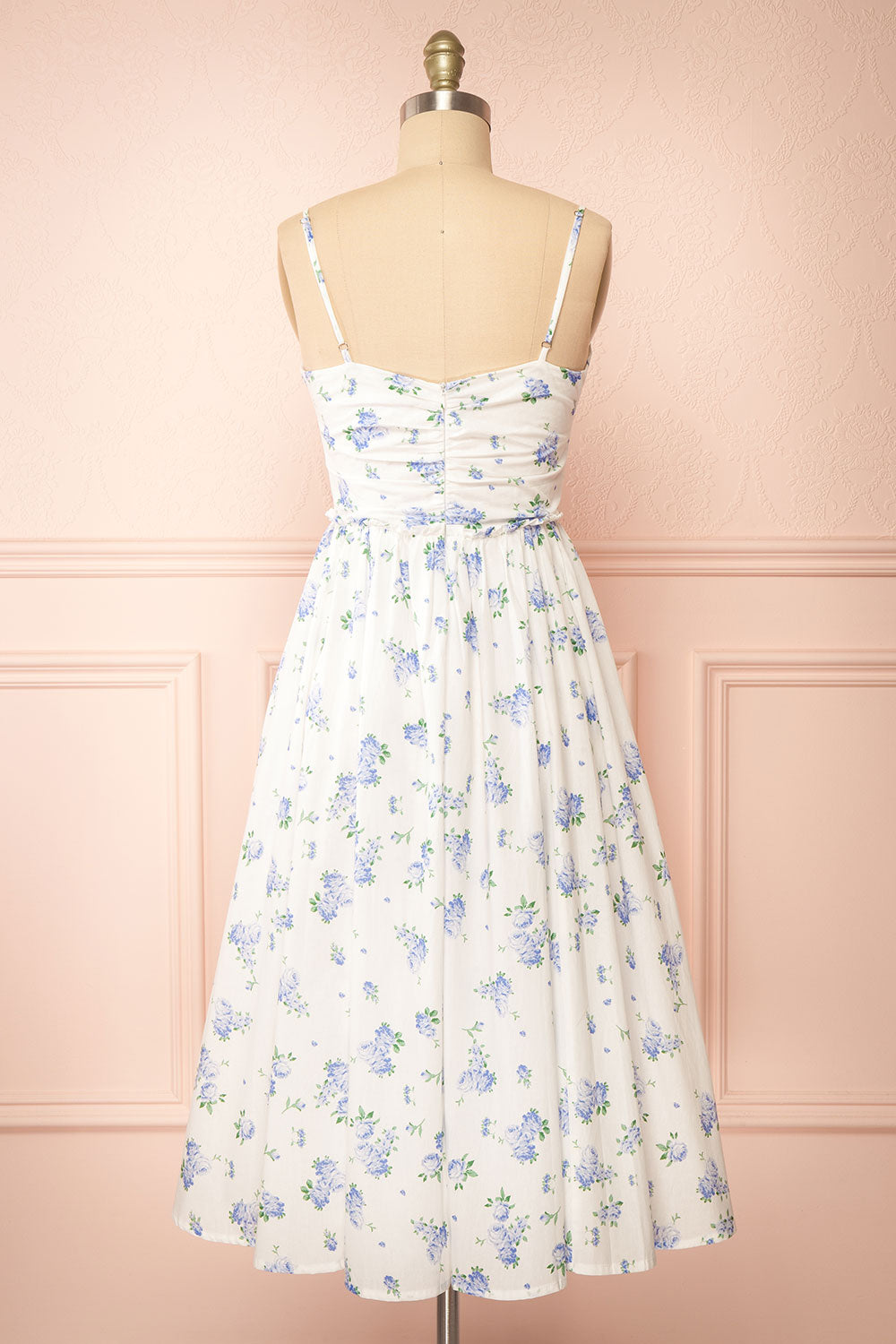 Sayonelle Short White A-line Dress w/ Blue Floral Motif | Boutique 1861  back view