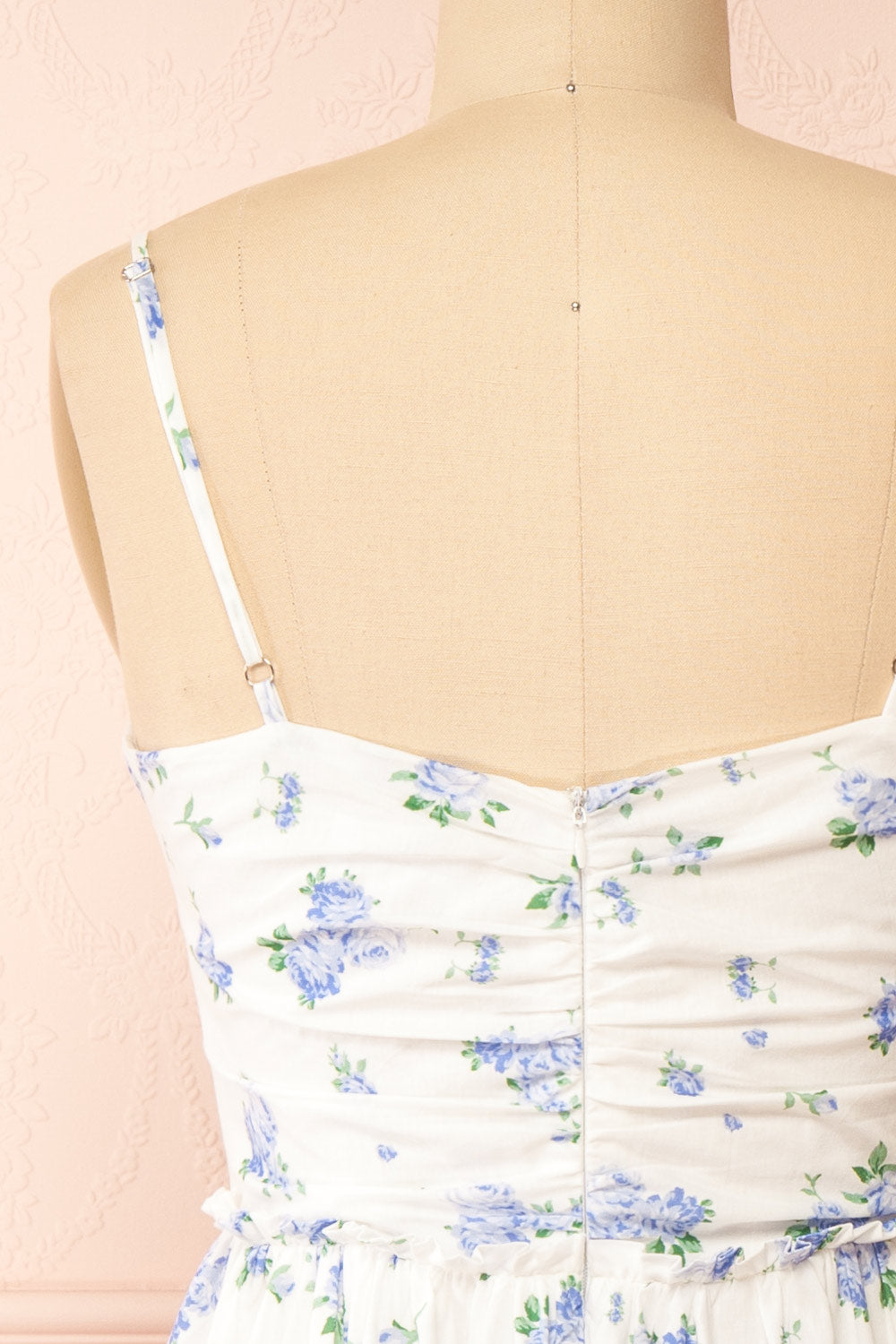 Sayonelle Short White A-line Dress w/ Blue Floral Motif | Boutique 1861  back