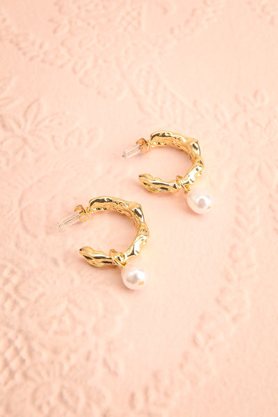 Scaris Gold Textured Hoop Earrings w/ Pearl Charm | Boutique 1861 view