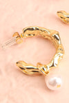 Scaris Gold Textured Hoop Earrings w/ Pearl Charm | Boutique 1861 close-up
