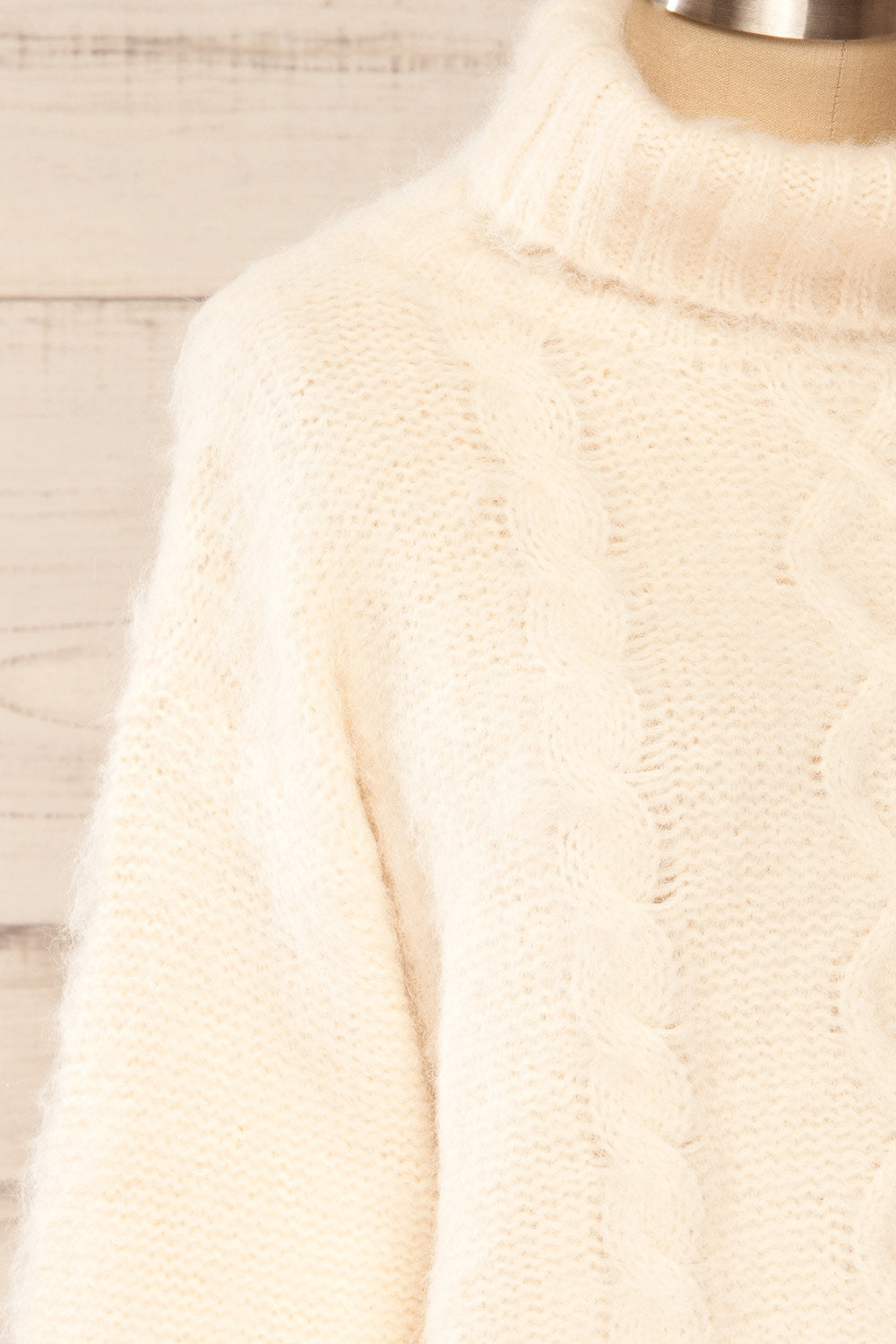 Seattle Ivory Fuzzy Knit Turtleneck Sweater | La petite garçonne side close-up