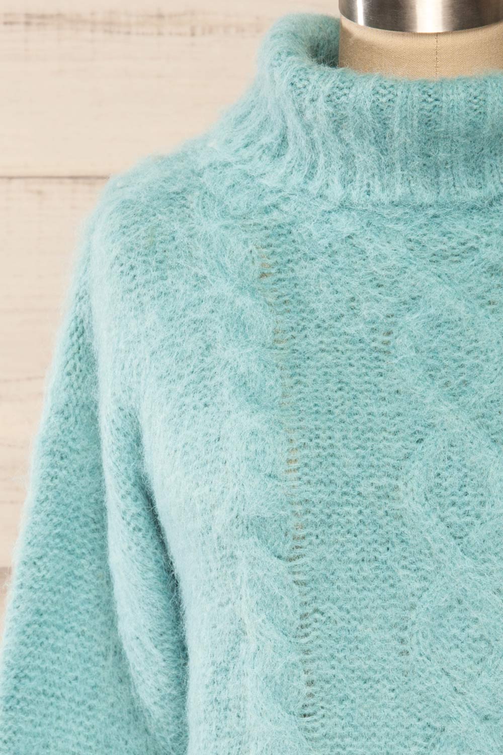 Seattle Teal Fuzzy Knit Turtleneck Sweater | La petite garçonne front close-up