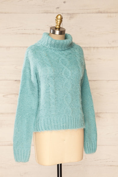 Seattle Teal Fuzzy Knit Turtleneck Sweater | La petite garçonne side view