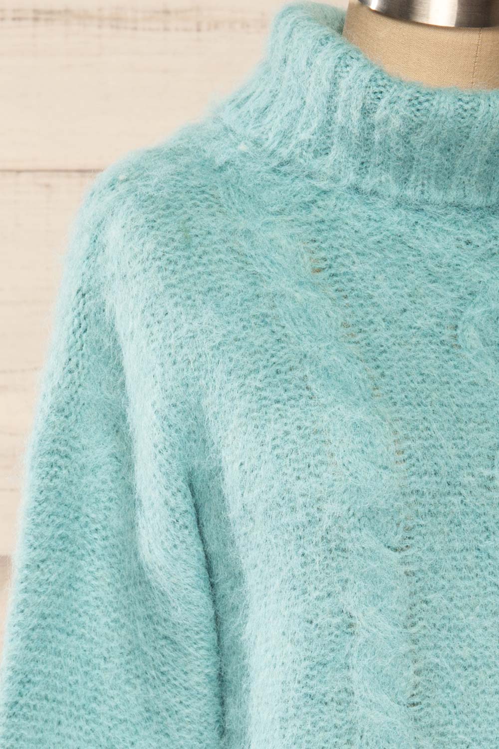 Seattle Teal Fuzzy Knit Turtleneck Sweater | La petite garçonne side close-up