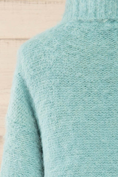 Seattle Teal Fuzzy Knit Turtleneck Sweater | La petite garçonne back close-up