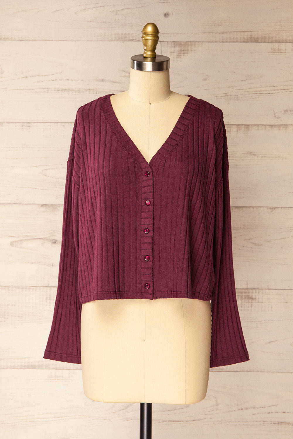 Sefra Soft Ribbed Knit Burgundy Cardigan | La petite garçonne front view