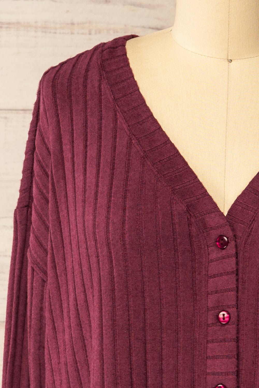 Sefra Soft Ribbed Knit Burgundy Cardigan | La petite garçonne fabric