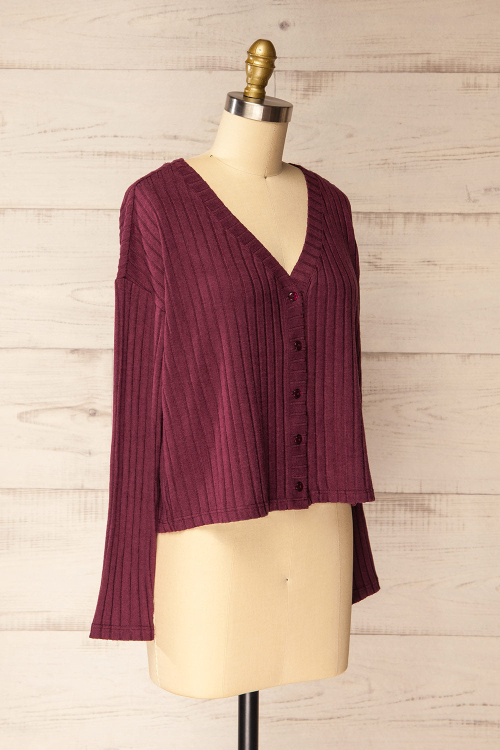 Sefra Soft Ribbed Knit Burgundy Cardigan | La petite garçonne side view