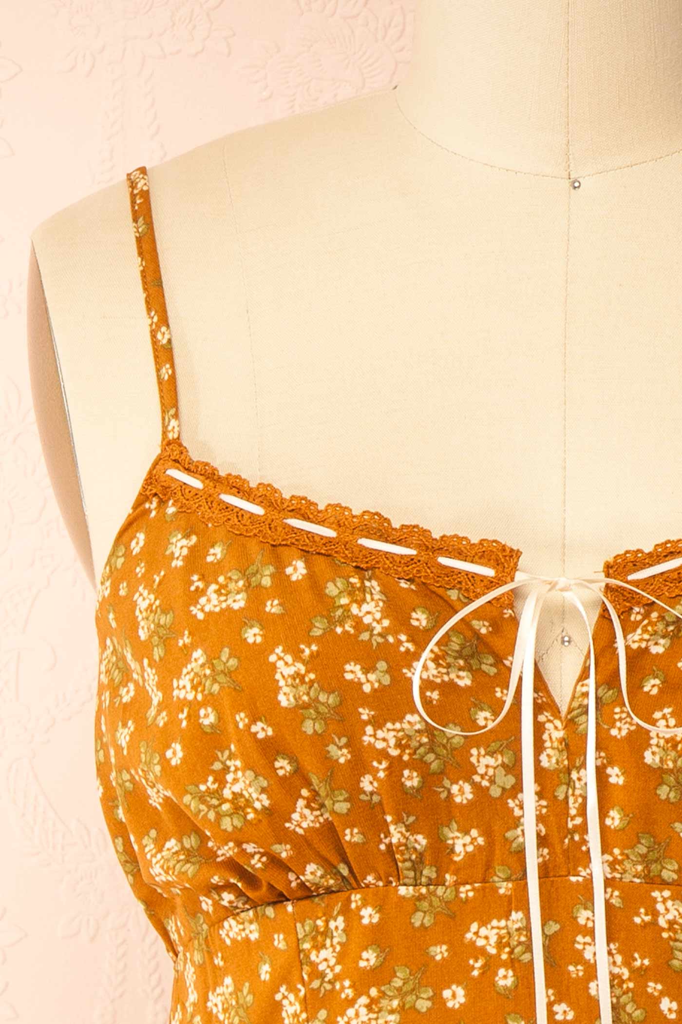 Selar | Brown Floral Midi Dress with Lace Trim and Tie Front