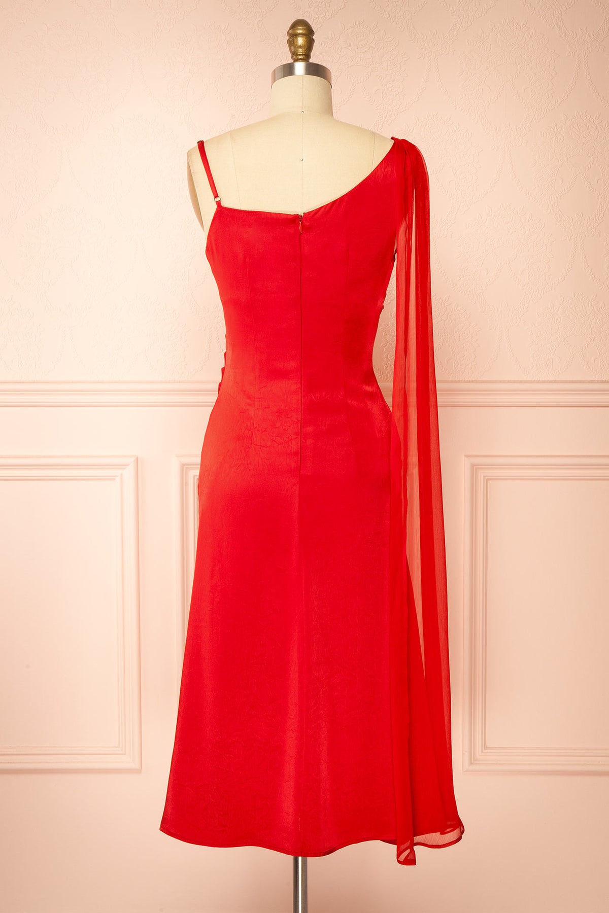 back view of Seleana Red Satin Midi Slip Dress at Boutique 1861