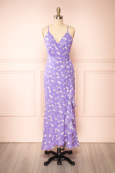 Selene Lavender Floral Midi Wrap Dress w/ Ruffles | Boutique 1861 front view