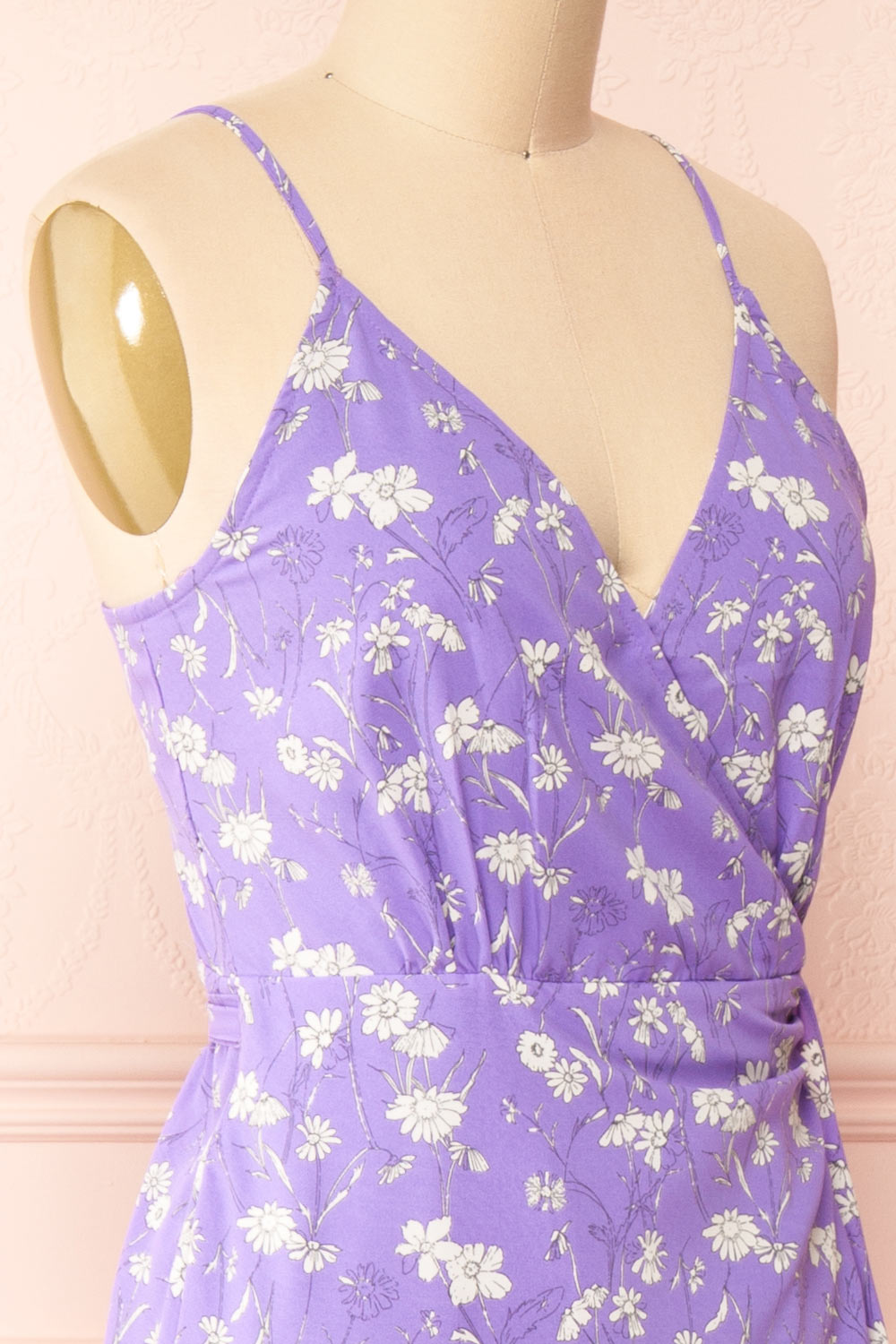 Selene Lavender Floral Midi Wrap Dress w/ Ruffles | Boutique 1861 side close-up