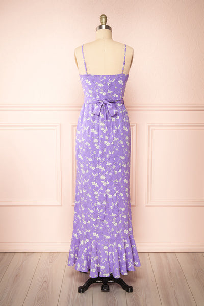 Selene Lavender Floral Midi Wrap Dress w/ Ruffles | Boutique 1861 back view