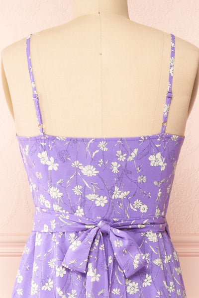 Selene Lavender Floral Midi Wrap Dress w/ Ruffles | Boutique 1861 back close-up