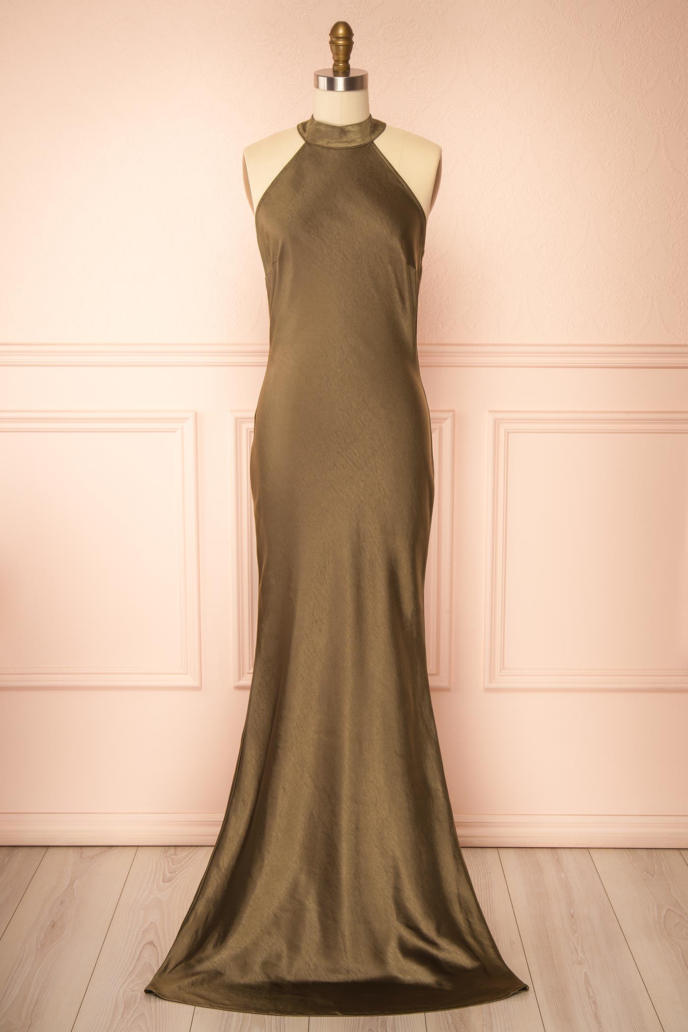 Selia Khaki | Maxi Satin Dress with Open Back