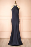 Selia Navy | Maxi Satin Dress with Open Back Boutique 1861 front view