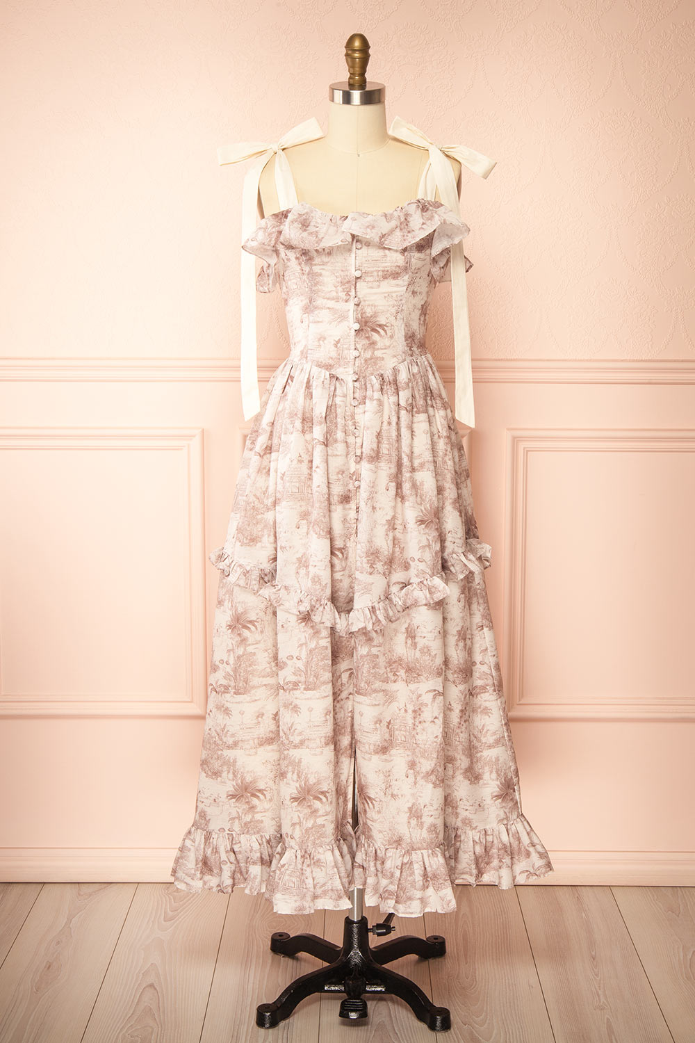 Seloua Long Dress with Brown Vintage Print | Boutique 1861 front view