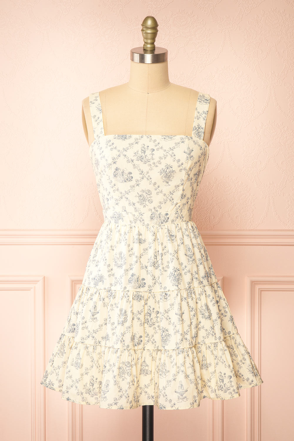 Selvina Short Beige Dress w/ Vintage Motif | Boutique 1861 front view