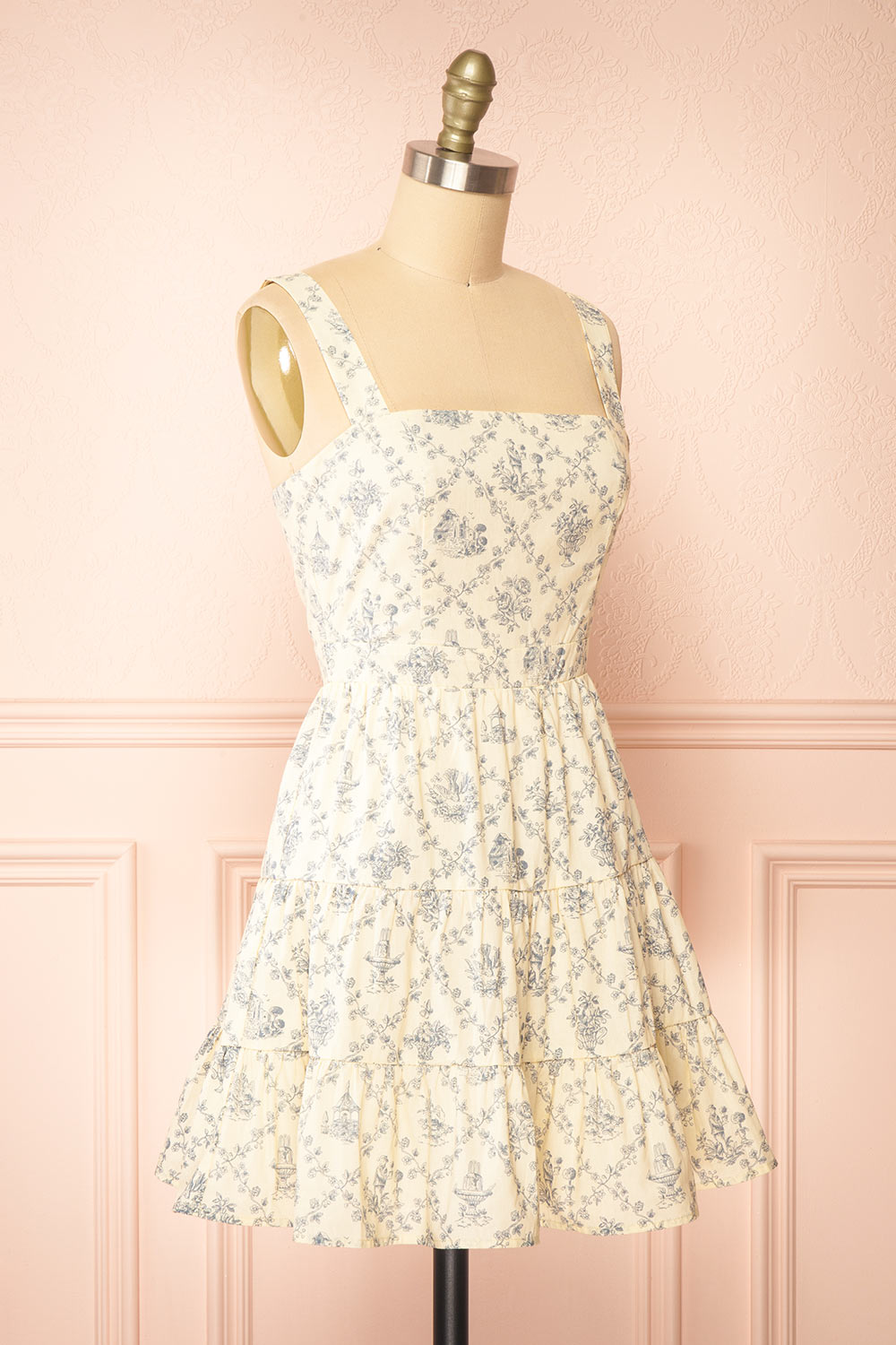 Selvina Short Beige Dress w/ Vintage Motif | Boutique 1861  side view