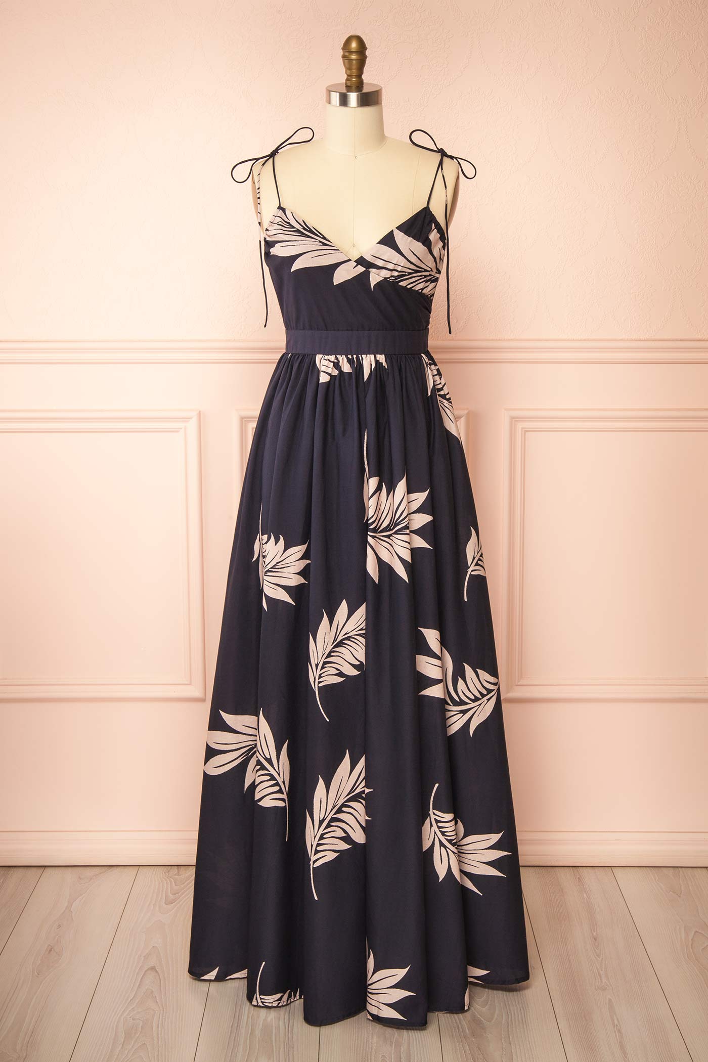 Frontview Selwyn Navy Maxi Dress with Self-Tie Straps at la boutique 1861
